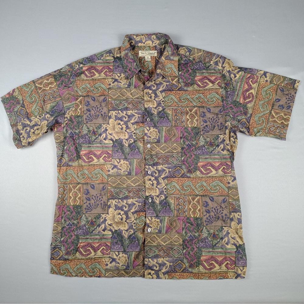 Vintage Tori Richard Shirt Mens XL Hawaiian Floral Shapes Patchwork Cotton Lawn